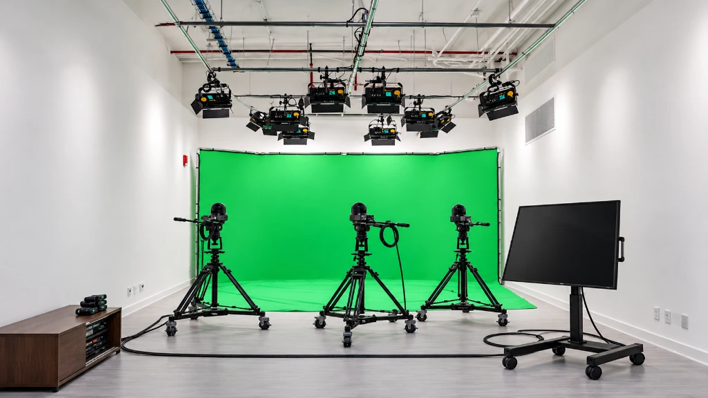 Estudio de producción de video con pantalla verde, cámaras robotizadas e iluminación profesional