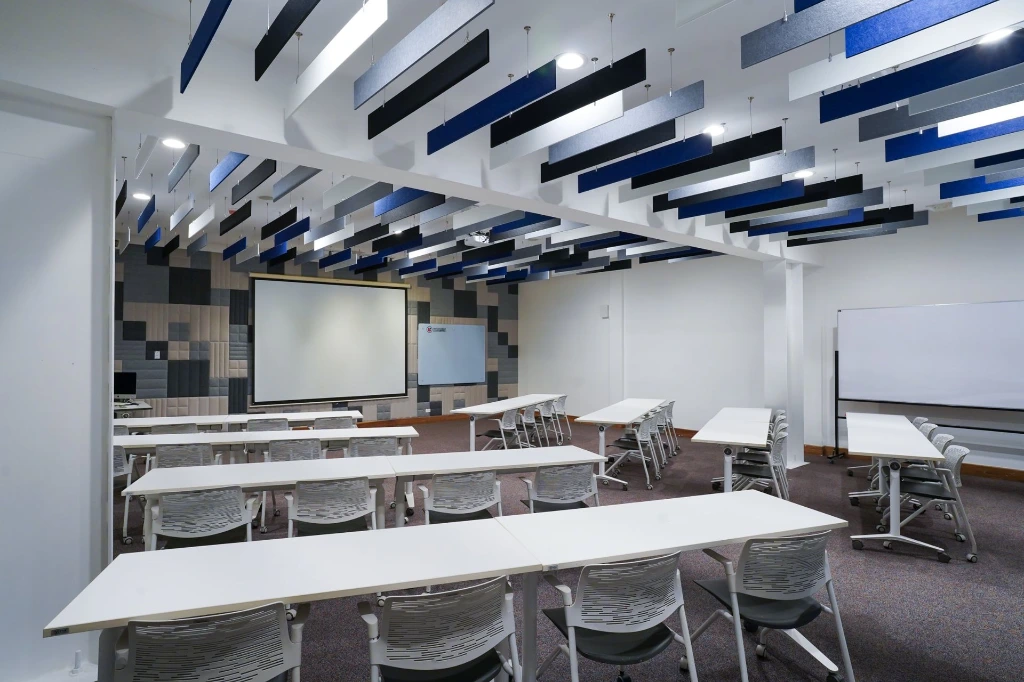 Paneles acústicos suspendidos en el cielo y en la pared de un aula